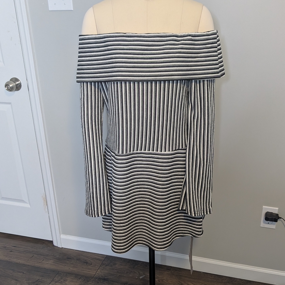 Missguided Black White Striped Off-Shoulder Longsleeve Dress Size XL